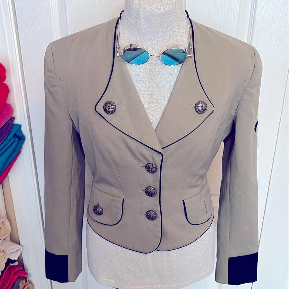 Vintage steampunk military jacket Made in USA Taupe Tan Black Fleur + Sunglasses
